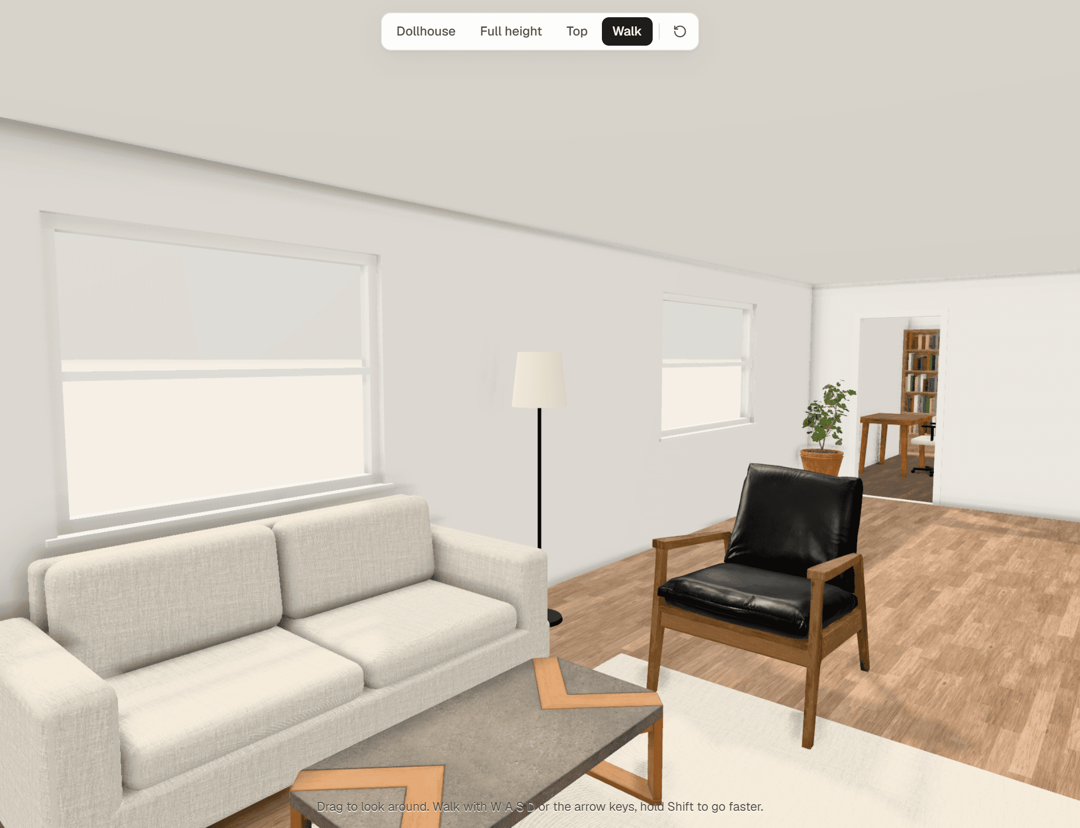 Standing in the demo home's living room in 3D, looking toward the dining table
