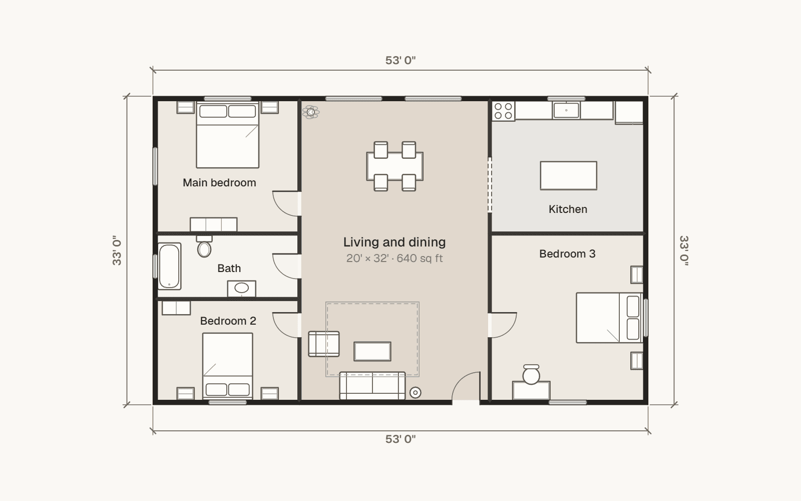 A three bedroom home, floor plan